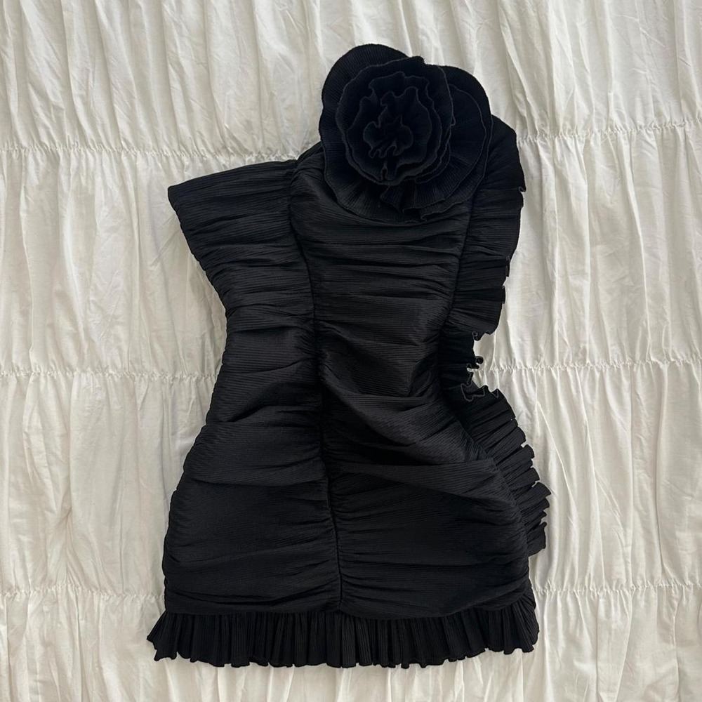 Ronny Kobo Ruched Daniel Rosette Little Black Mini Dress
